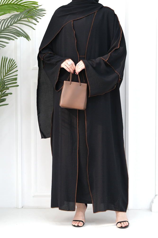 Rada four piece abaya with throw over slip dress belt and matching hijab in Black