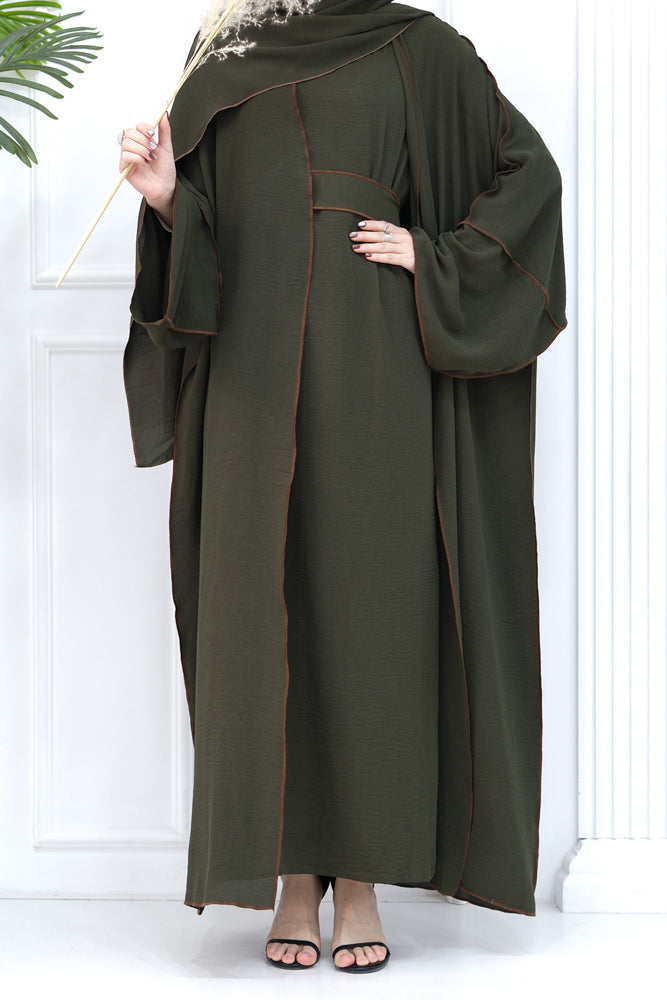 Rada four piece abaya with throw over slip dress belt and matching hijab in Green