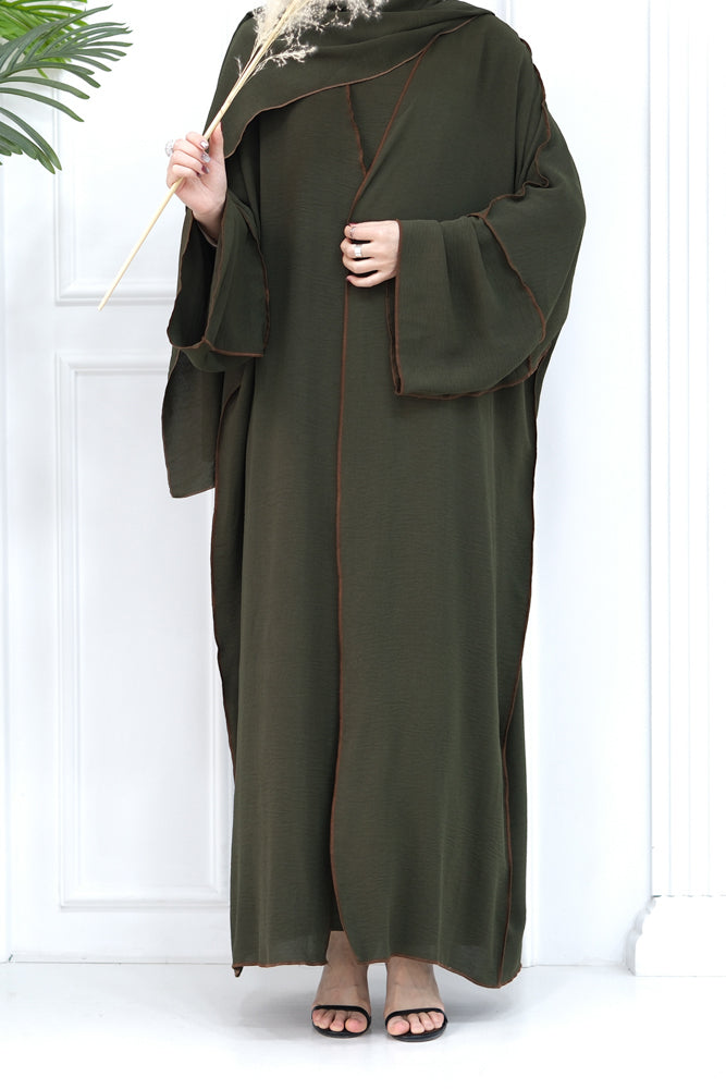 Rada four piece abaya with throw over slip dress belt and matching hijab in Green
