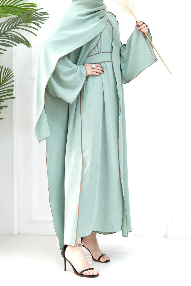 Rada four piece abaya with throw over slip dress belt and matching hijab in Light Green