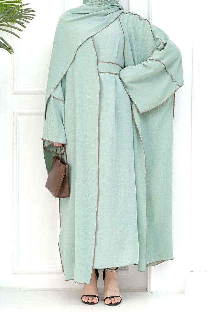 Rada four piece abaya with throw over slip dress belt and matching hijab in Light Green