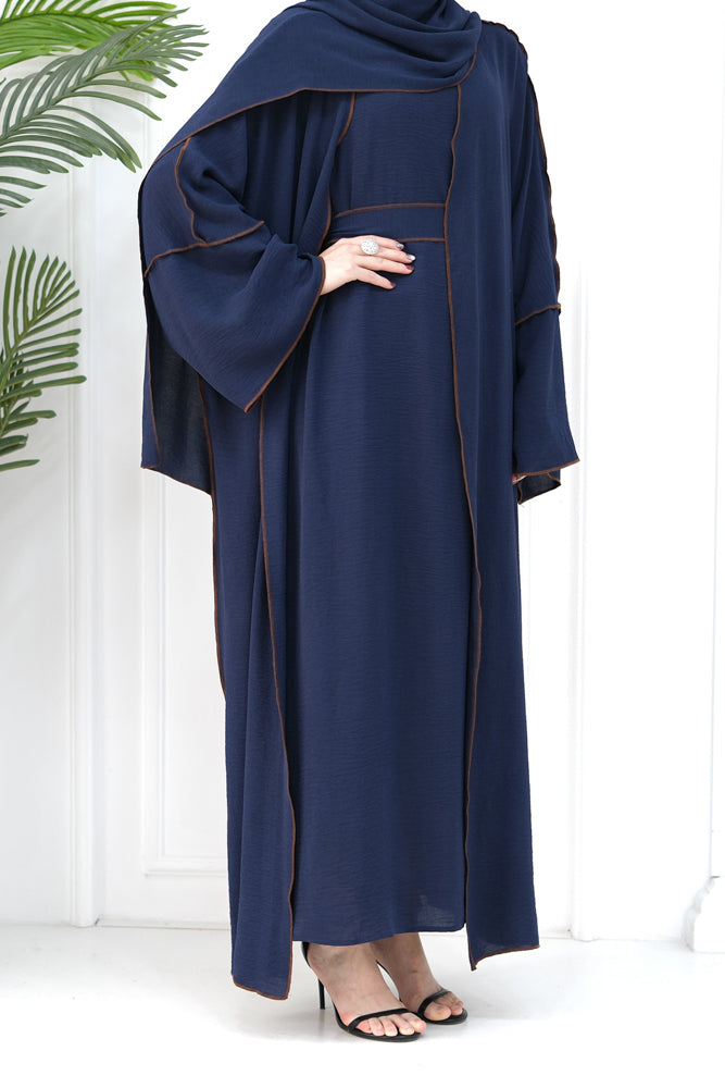 Rada four piece abaya with throw over slip dress belt and matching hijab in Dark Blue