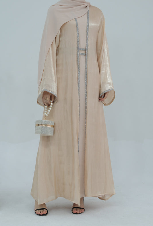Tanju Beige abaya throw over with embroidery detailing along front hem and on sleeves with matching belt