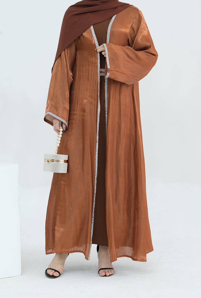 Tanju Brown abaya throw over with embroidery detailing along front hem and on sleeves with matching belt