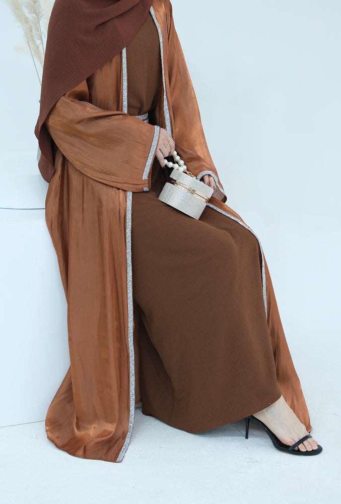 Tanju Brown abaya throw over with embroidery detailing along front hem and on sleeves with matching belt