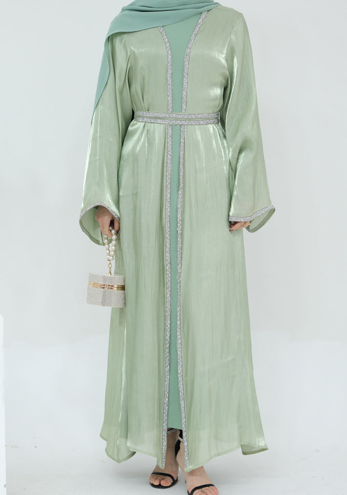 Tanju Light Green abaya throw over with embroidery detailing along front hem and on sleeves with matching belt