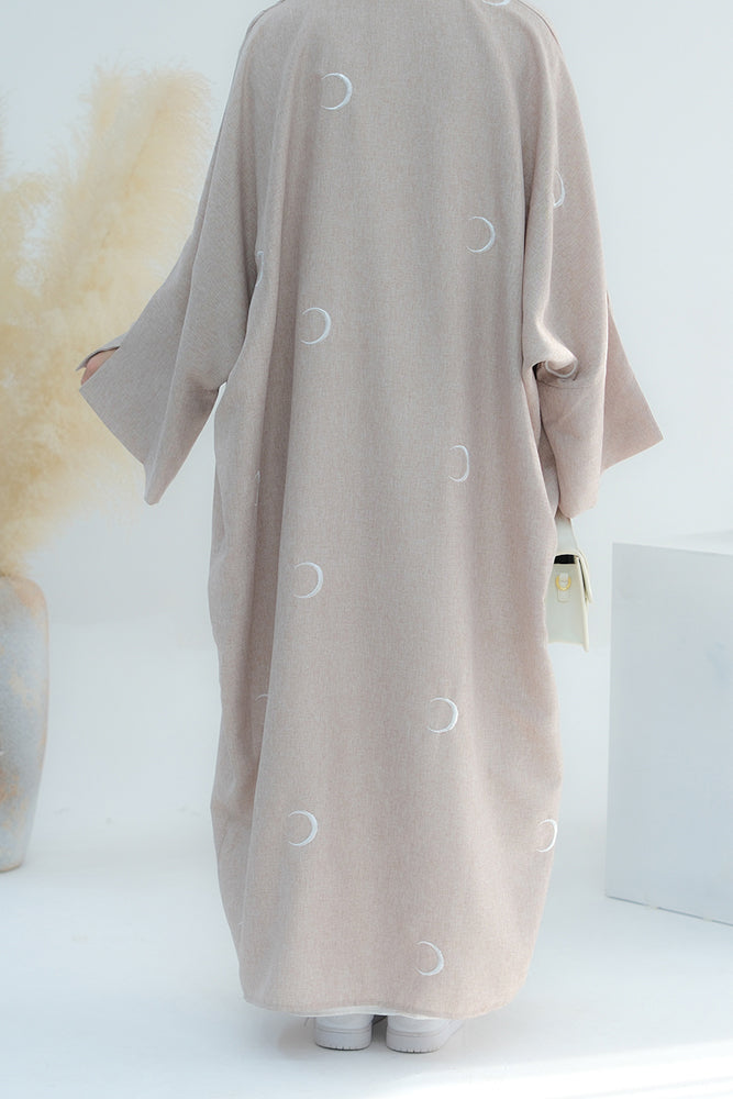 Ay Ramadan beige open front abaya throw-over with moon embroidery in light breathable fabric