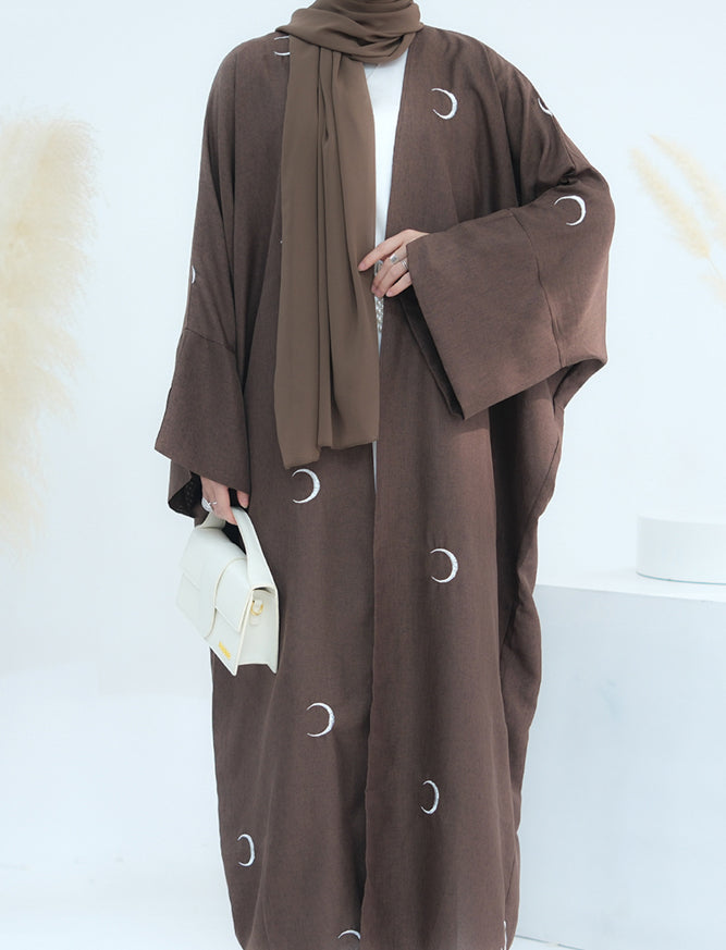 Ay Ramadan brown open front abaya throw-over with moon embroidery in light breathable fabric