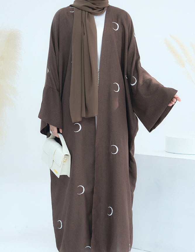 Ay Ramadan Black open front abaya throw-over with moon embroidery in light breathable fabric