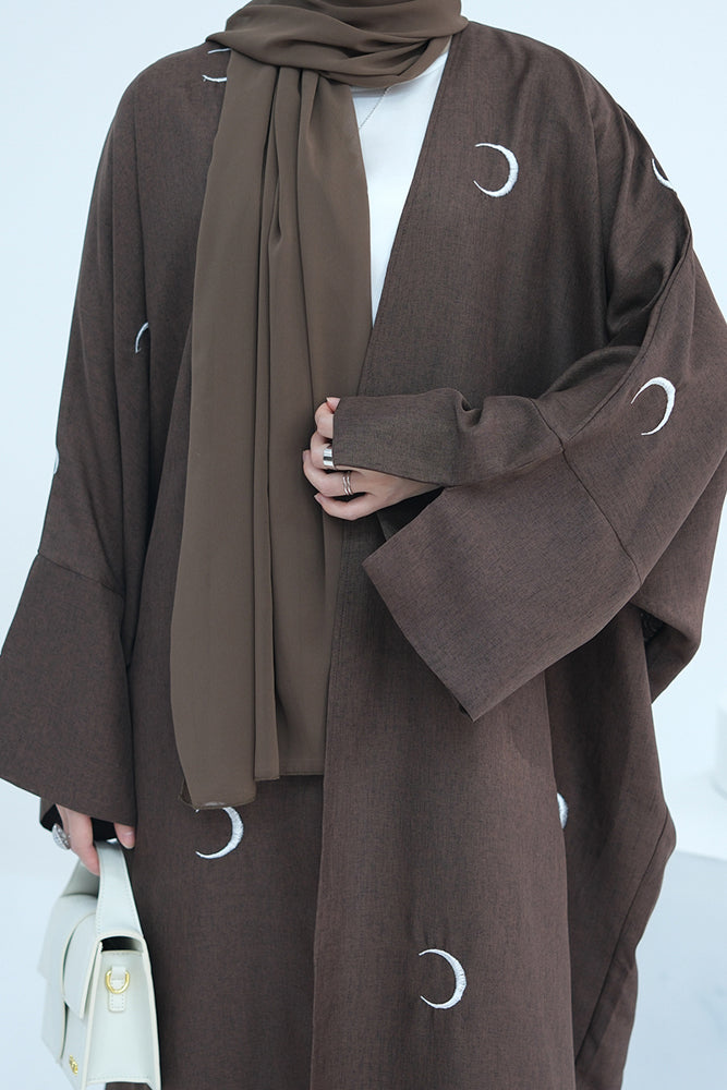 Ay Ramadan brown open front abaya throw-over with moon embroidery in light breathable fabric