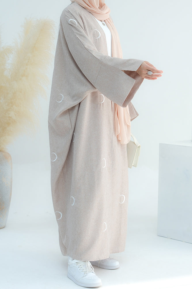 Ay Ramadan beige open front abaya throw-over with moon embroidery in light breathable fabric