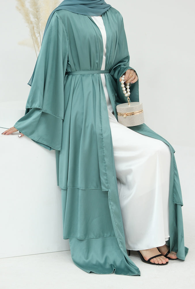 Bint Satin three tier layered abaya in Light Green