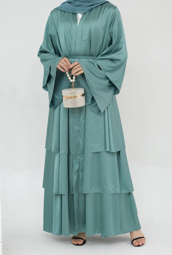 Bint Satin three tier layered abaya in Light Green