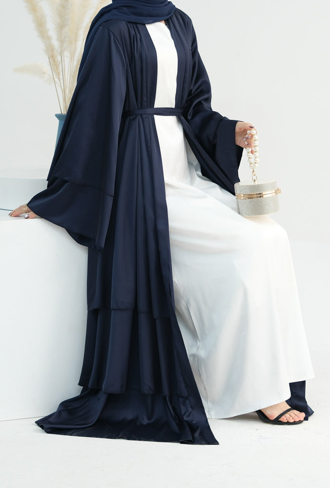 Bint Satin three tier layered abaya in Dark Blue