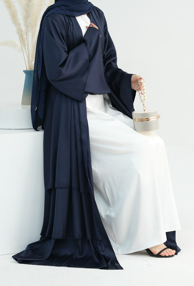 Bint Satin three tier layered abaya in Dark Blue