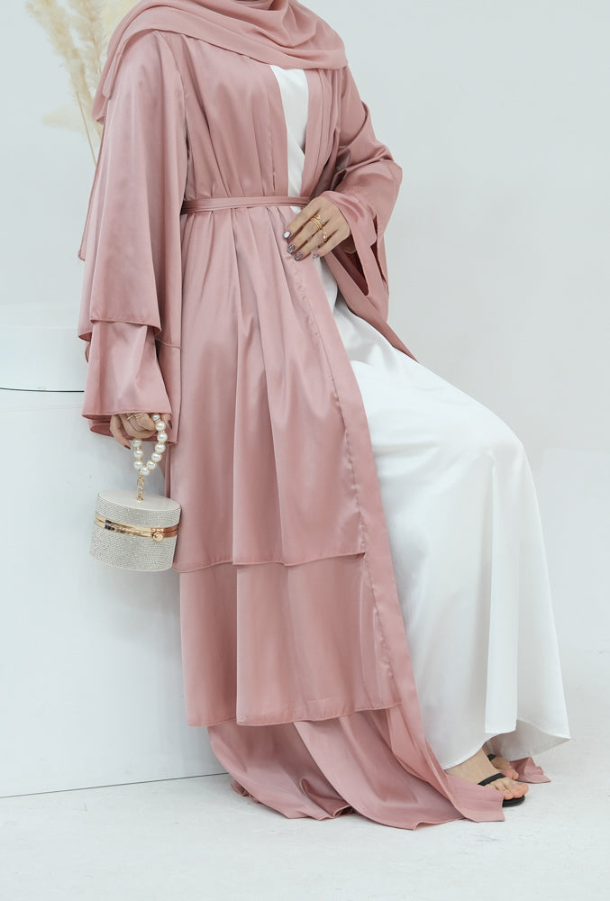 Bint Satin three tier layered abaya in Pink