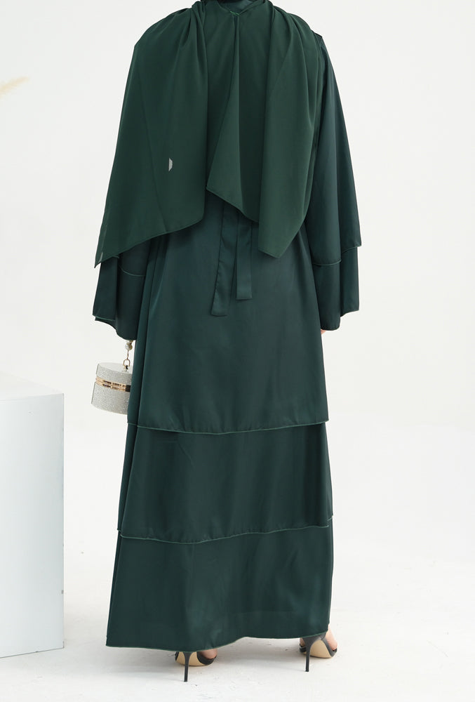 Bint Satin three tier layered abaya  in Dark Green