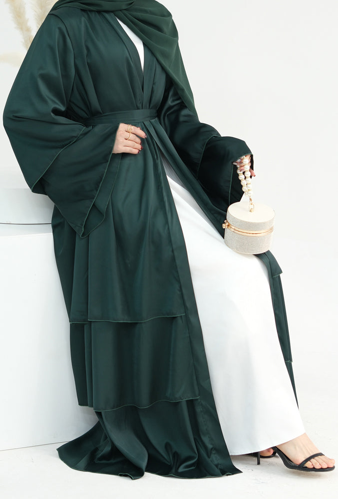 Bint Satin three tier layered abaya  in Dark Green