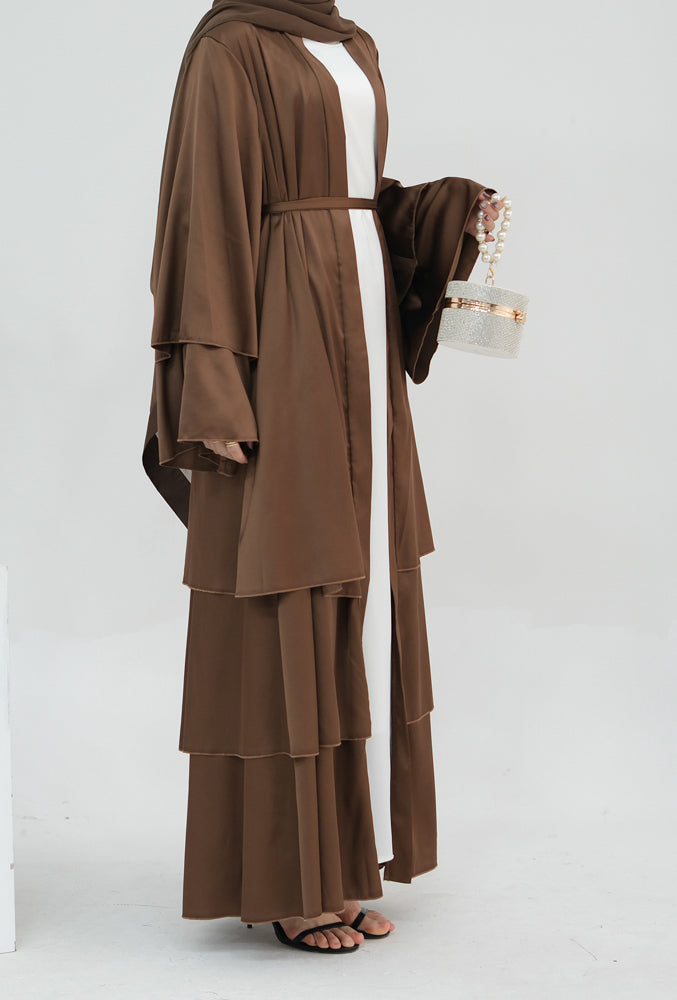 Bint Satin three tier layered abaya  in brown