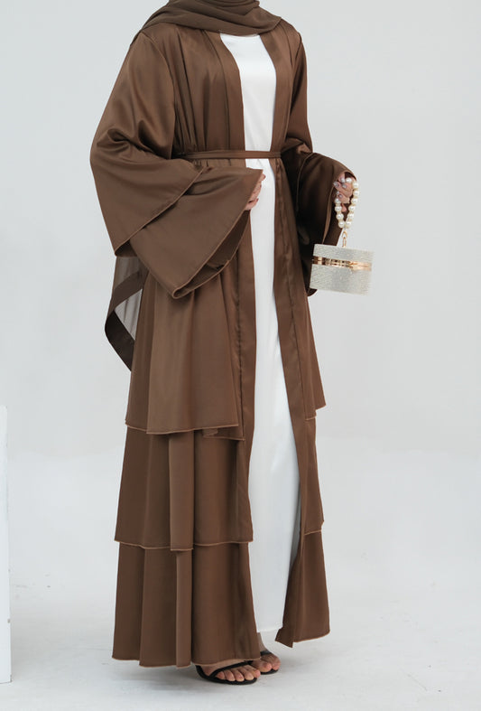 Bint Satin three tier layered abaya  in brown