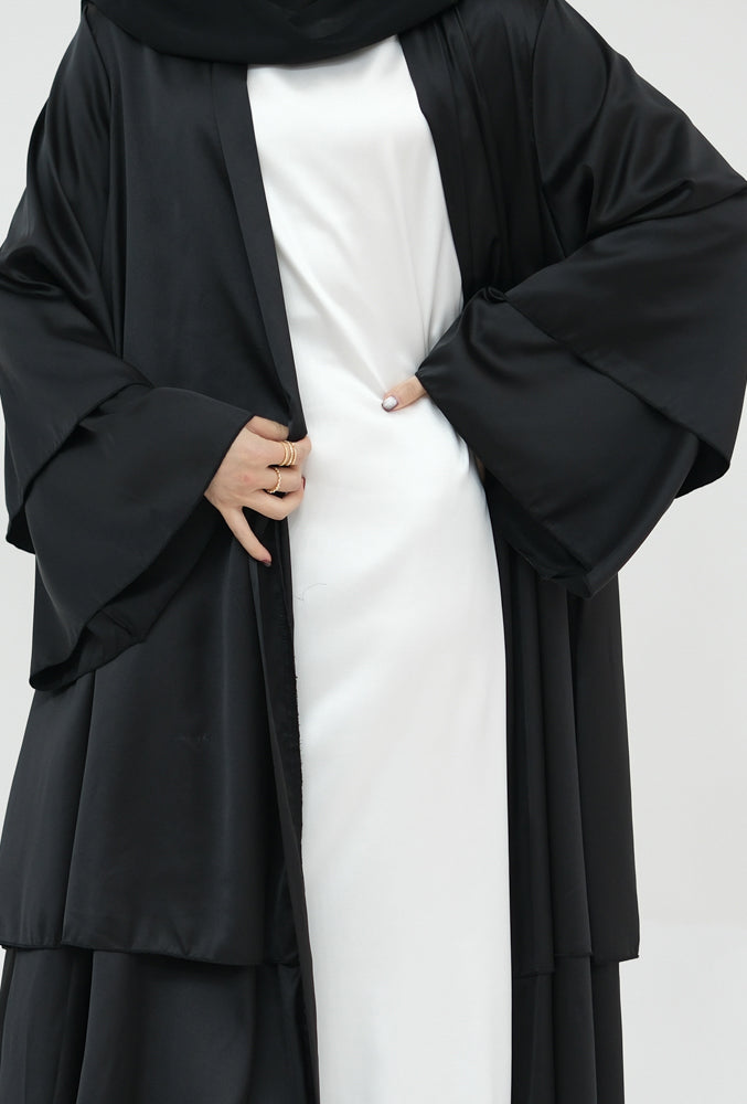 Bint Satin three tier layered abaya in Black