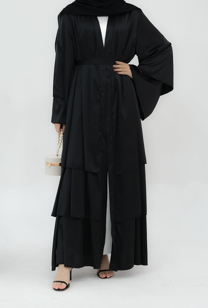Bint Satin three tier layered abaya in Black