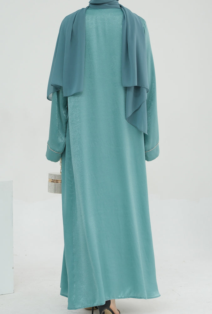 Sparkling chain trim minimalist abaya open front throw over with belt in Light Green
