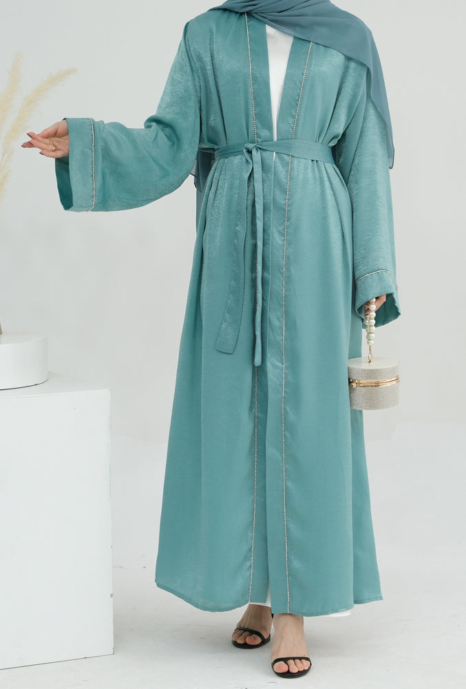 Sparkling chain trim minimalist abaya open front throw over with belt in Light Green