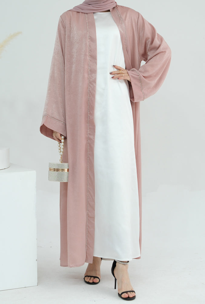 Sparkling chain trim minimalist abaya open front throw over with belt in Dusty Pink