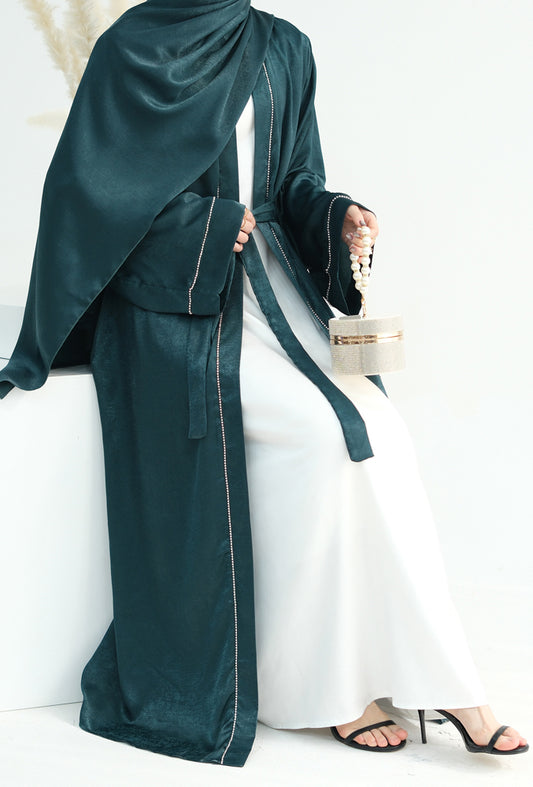 Sparkling chain trim minimalist abaya open front throw over with belt in Dark Green