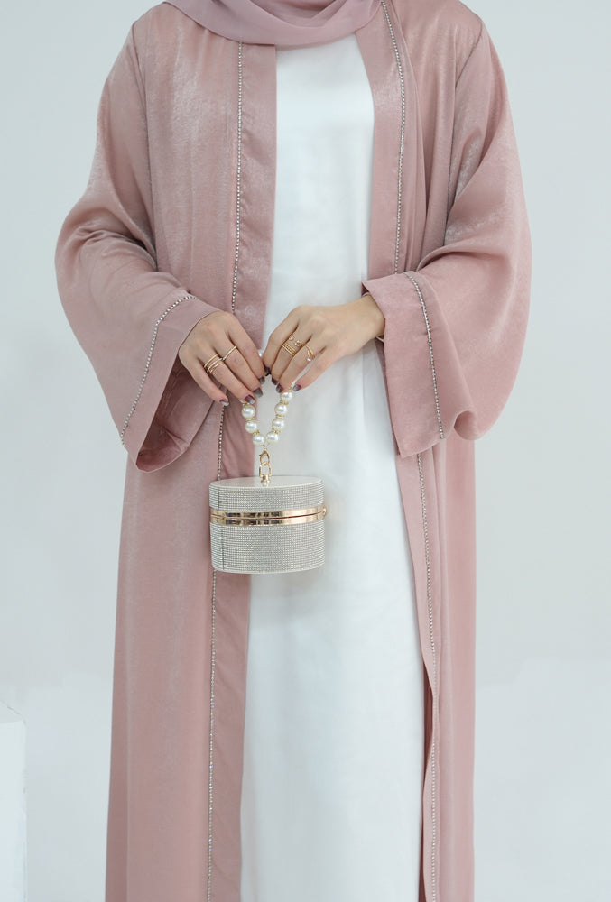 Sparkling chain trim minimalist abaya open front throw over with belt in Dusty Pink