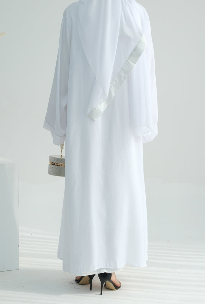 Sparkling chain trim minimalist abaya open front throw over with belt in White