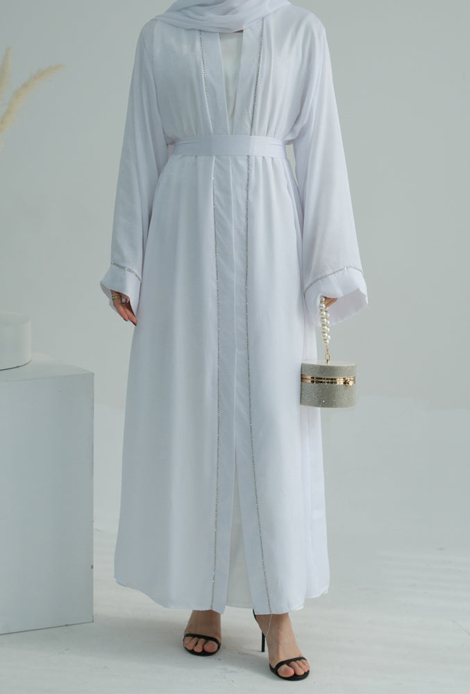 Sparkling chain trim minimalist abaya open front throw over with belt in White