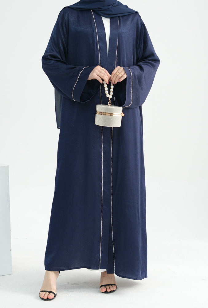 Sparkling chain trim minimalist abaya open front throw over with belt in Dark Blue