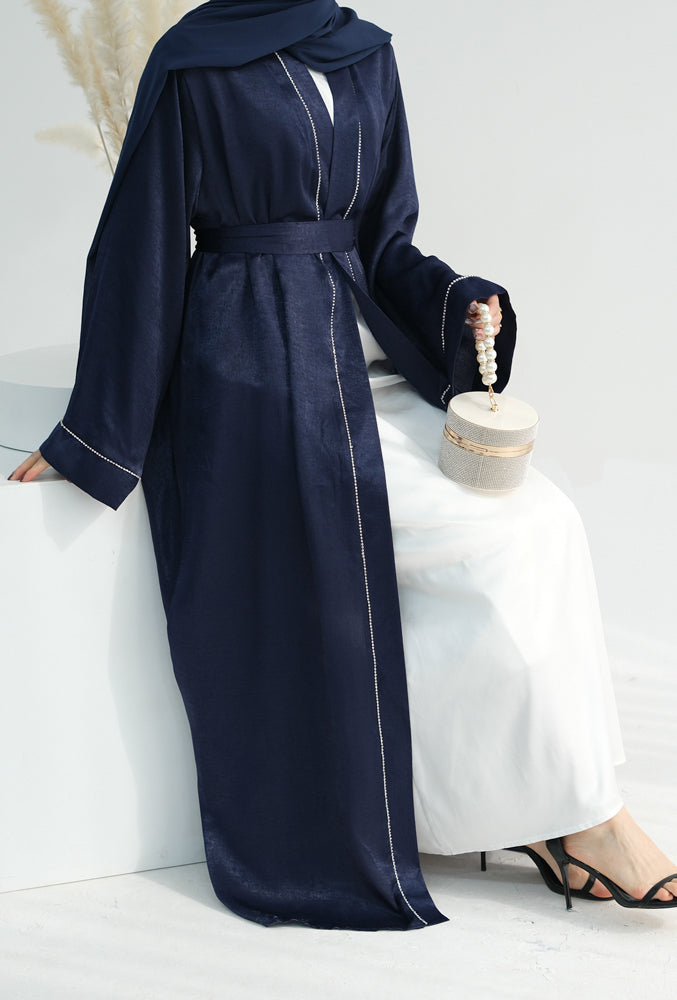 Sparkling chain trim minimalist abaya open front throw over with belt in Dark Blue