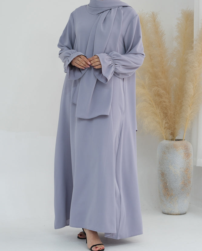 Light Grey Adastra One Piece Prayer Outfit Zippered Abaya Scarf Attached