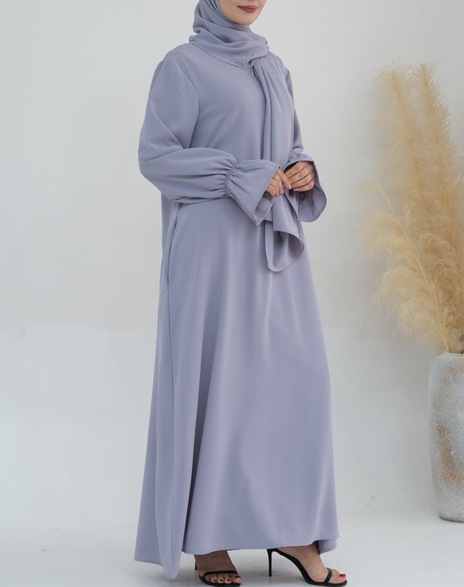 Light Grey Adastra One Piece Prayer Outfit Zippered Abaya Scarf Attached