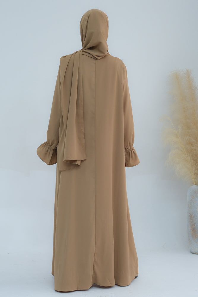Camel Beige Adastra One Piece Prayer Outfit Zippered Abaya Scarf Attached
