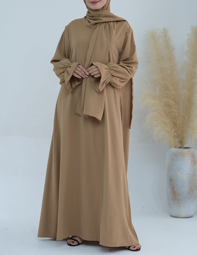 Camel Beige Adastra One Piece Prayer Outfit Zippered Abaya Scarf Attached