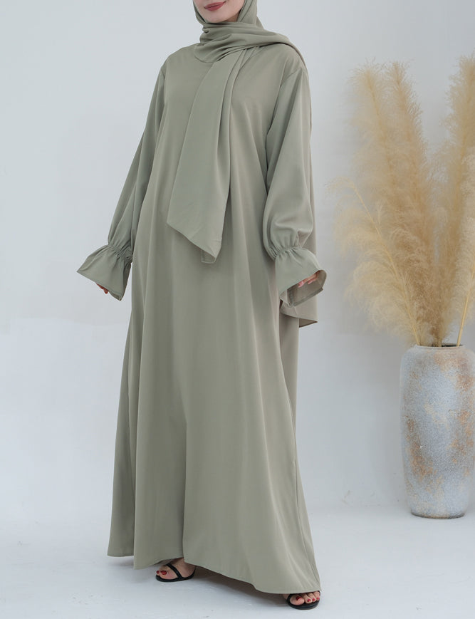 Light Green Adastra One Piece Prayer Outfit Zippered Abaya Scarf Attached
