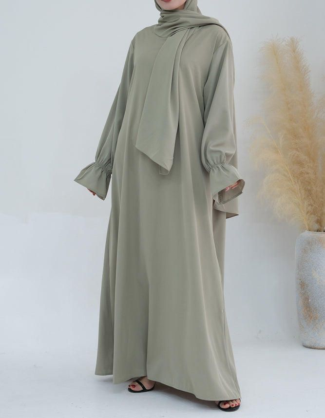 Light Green Adastra One Piece Prayer Outfit Zippered Abaya Scarf Attached