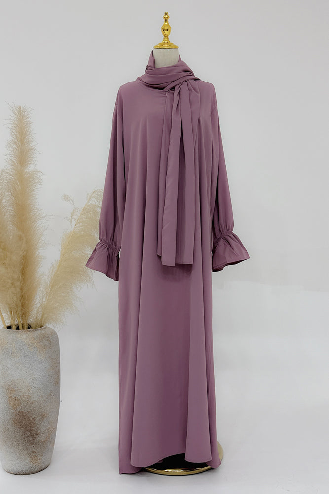 Dusty Purple Adastra One Piece Prayer Outfit Zippered Abaya Scarf Attached