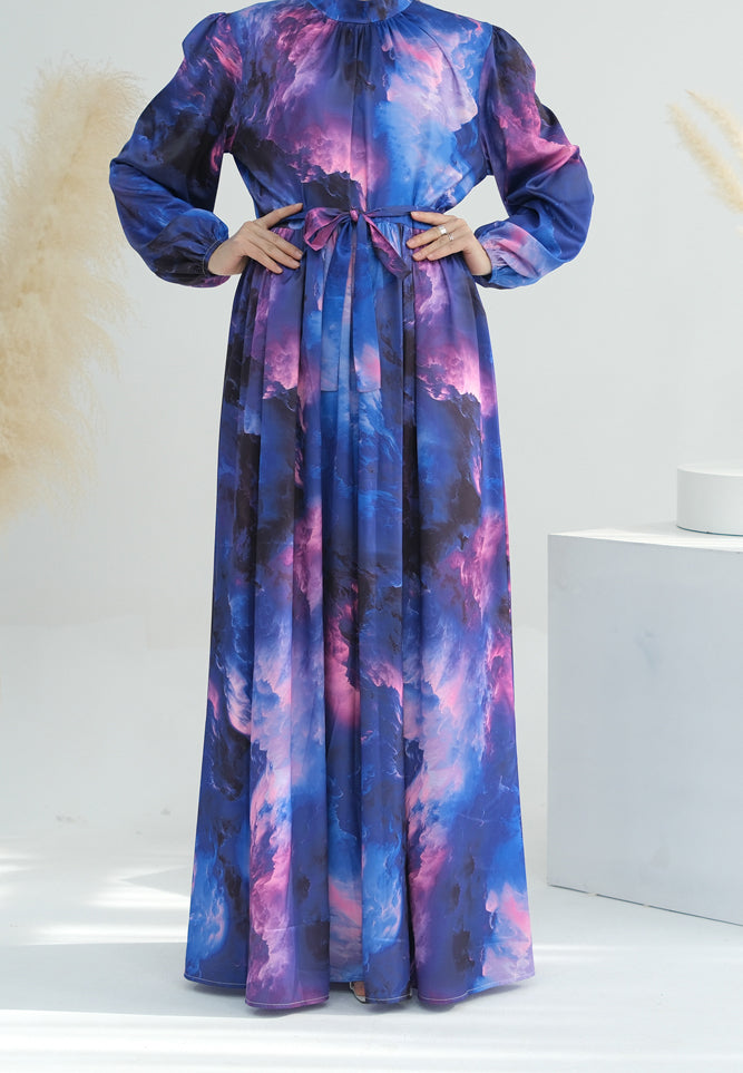 Galaxy polyester maxi dress long sleeve with high collar and belt