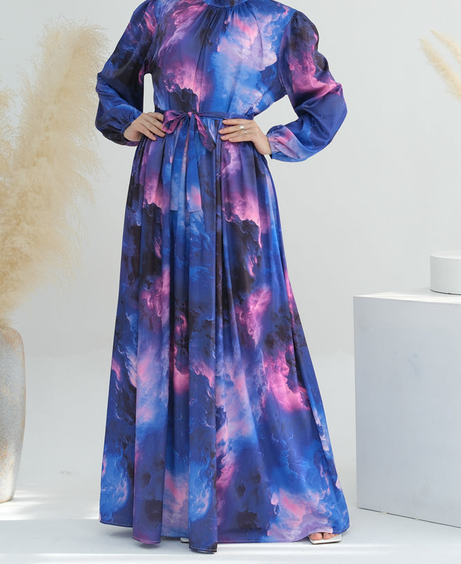 Galaxy polyester maxi dress long sleeve with high collar and belt