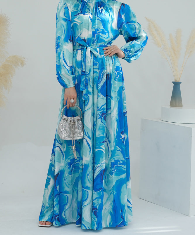 Waterway polyester  maxi dress long sleeve with high collar and belt