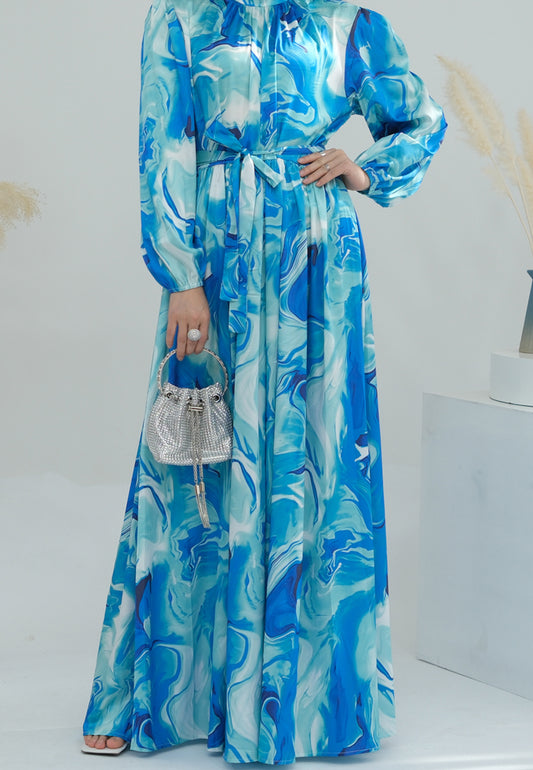 Waterway polyester  maxi dress long sleeve with high collar and belt