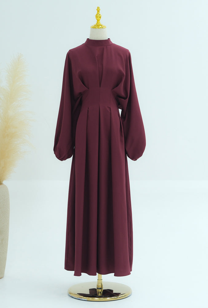 LeyLey Maroon classic modest maxi dress with pleated waist and long elasticated sleeve