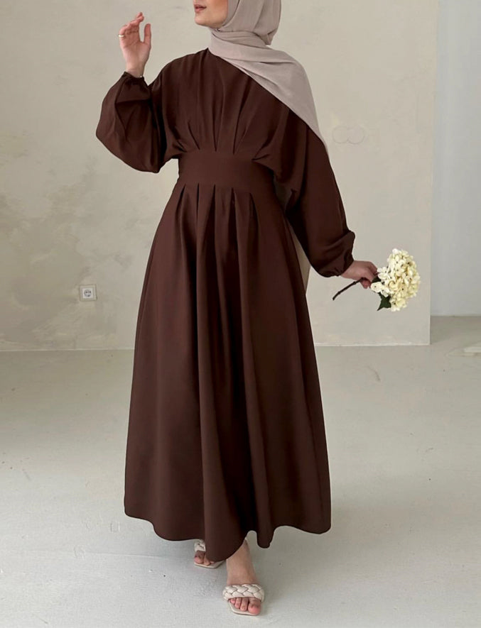 LeyLey Brown classic modest maxi dress with pleated waist and long elasticated sleeve
