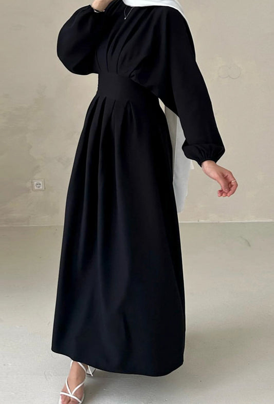 LeyLey Black classic modest maxi dress with pleated waist and long elasticated sleev