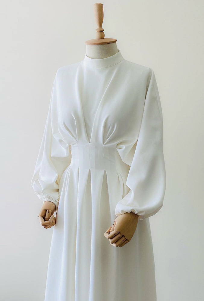 LeyLey White classic modest maxi dress with pleated waist and long elasticated sleeve